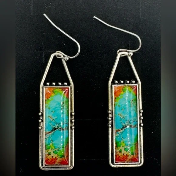 NWOT Boho Silver Tone & Imitation Turquoise Drop Fashion Earrings - Picture 3 of 4